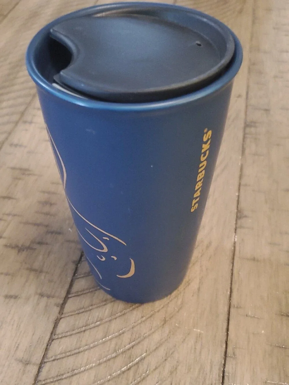 Starbucks Navy Blue Travel Mug with Black Lid and Gold Logo